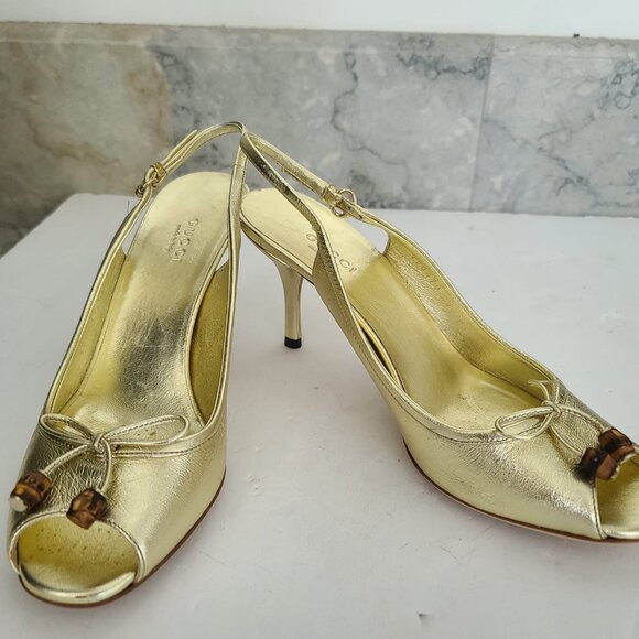 NEW Gucci Metallic Gold Leather Heels Pumps - Picture 3 of 5